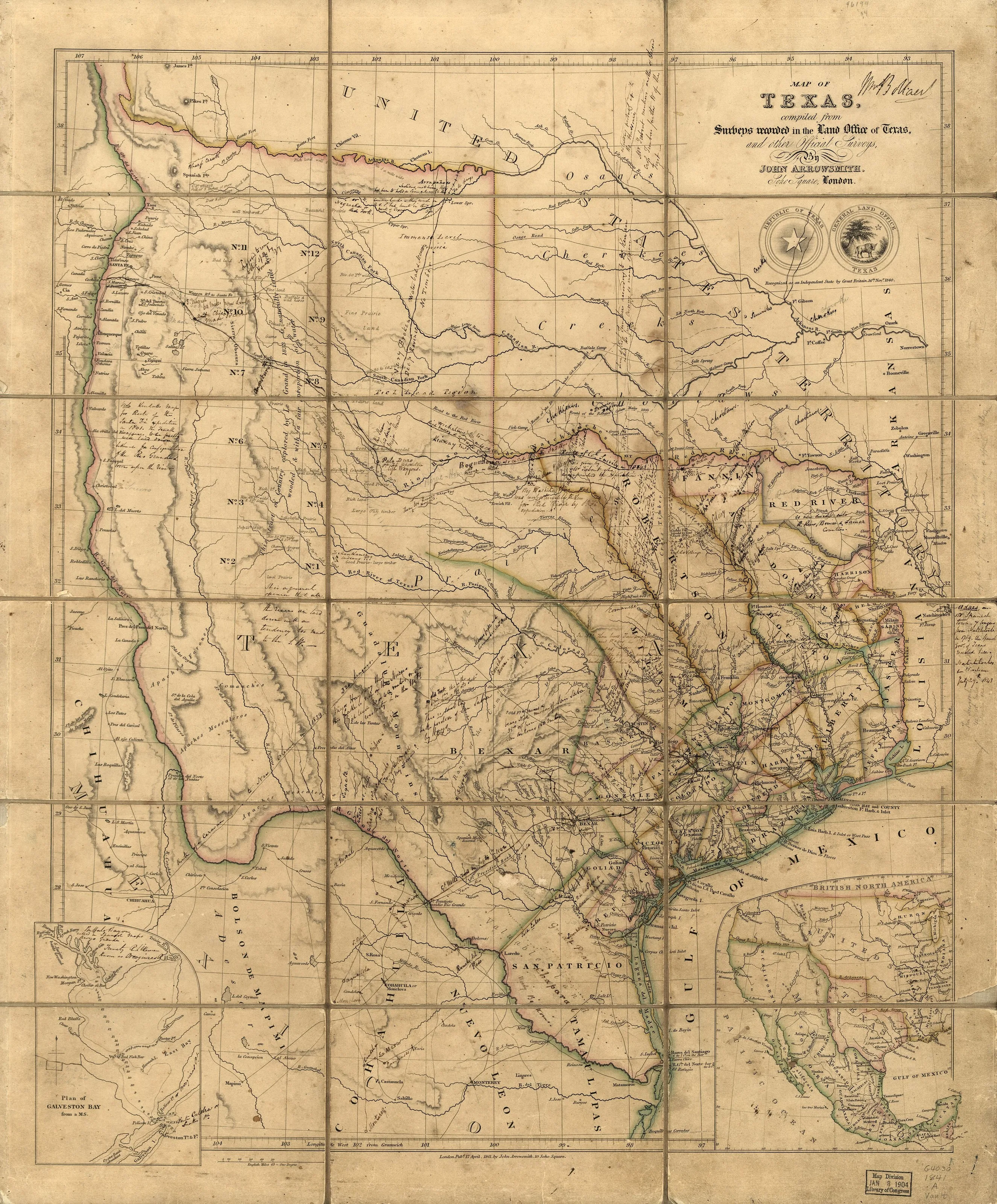Engraved London map of the Republic of Texas on sectioned sheets, showing rivers, settlements, and the Gulf coast, with two seals near the title at upper right.