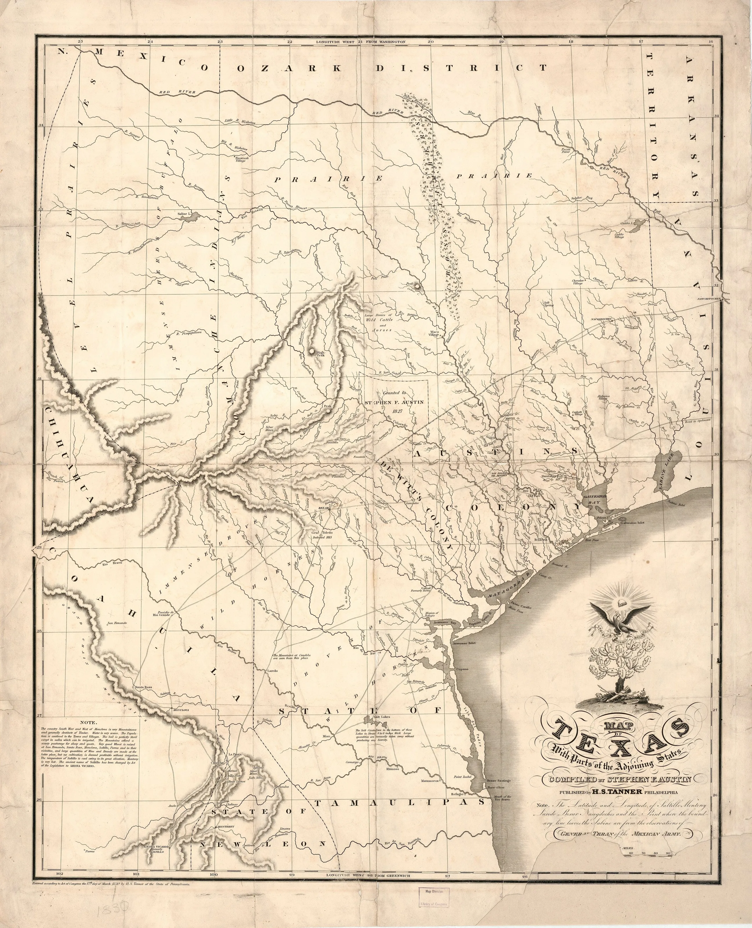 Engraved map of Texas compiled by Stephen F. Austin, with rivers and the Gulf coast, and an eagle cartouche at lower right.