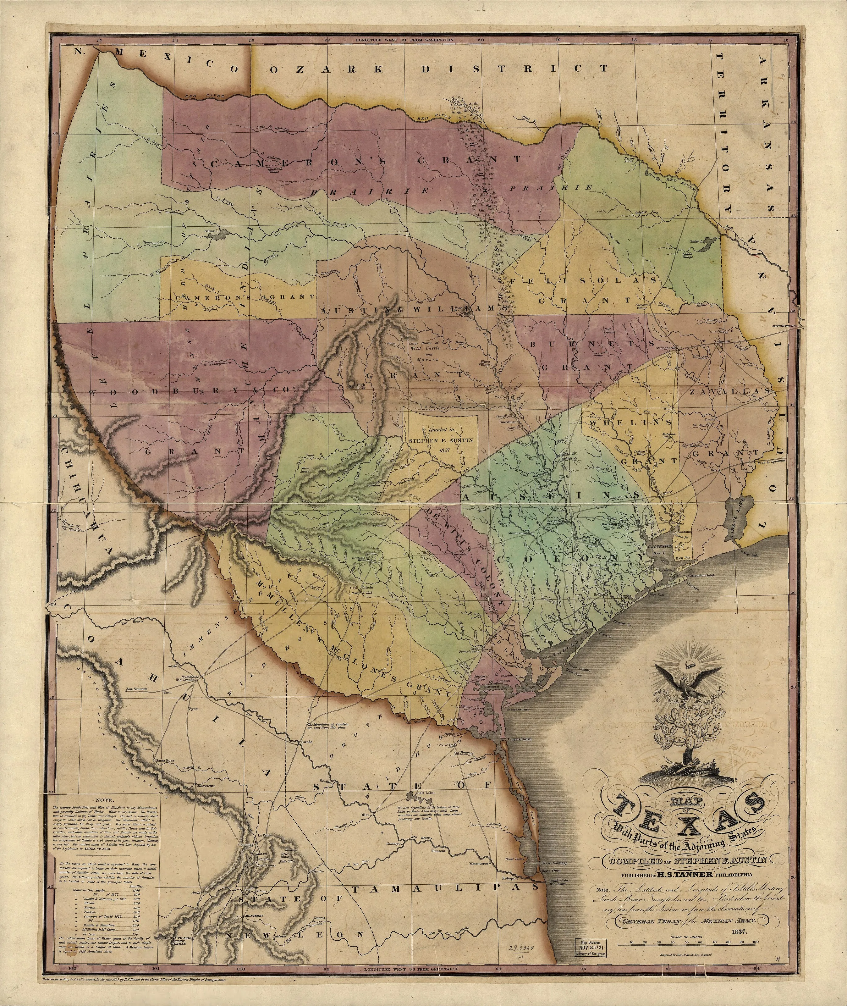 Hand-colored engraved map of Texas with land grants shaded in pastel colors, rivers, and the Gulf coast, with an eagle cartouche at lower right.