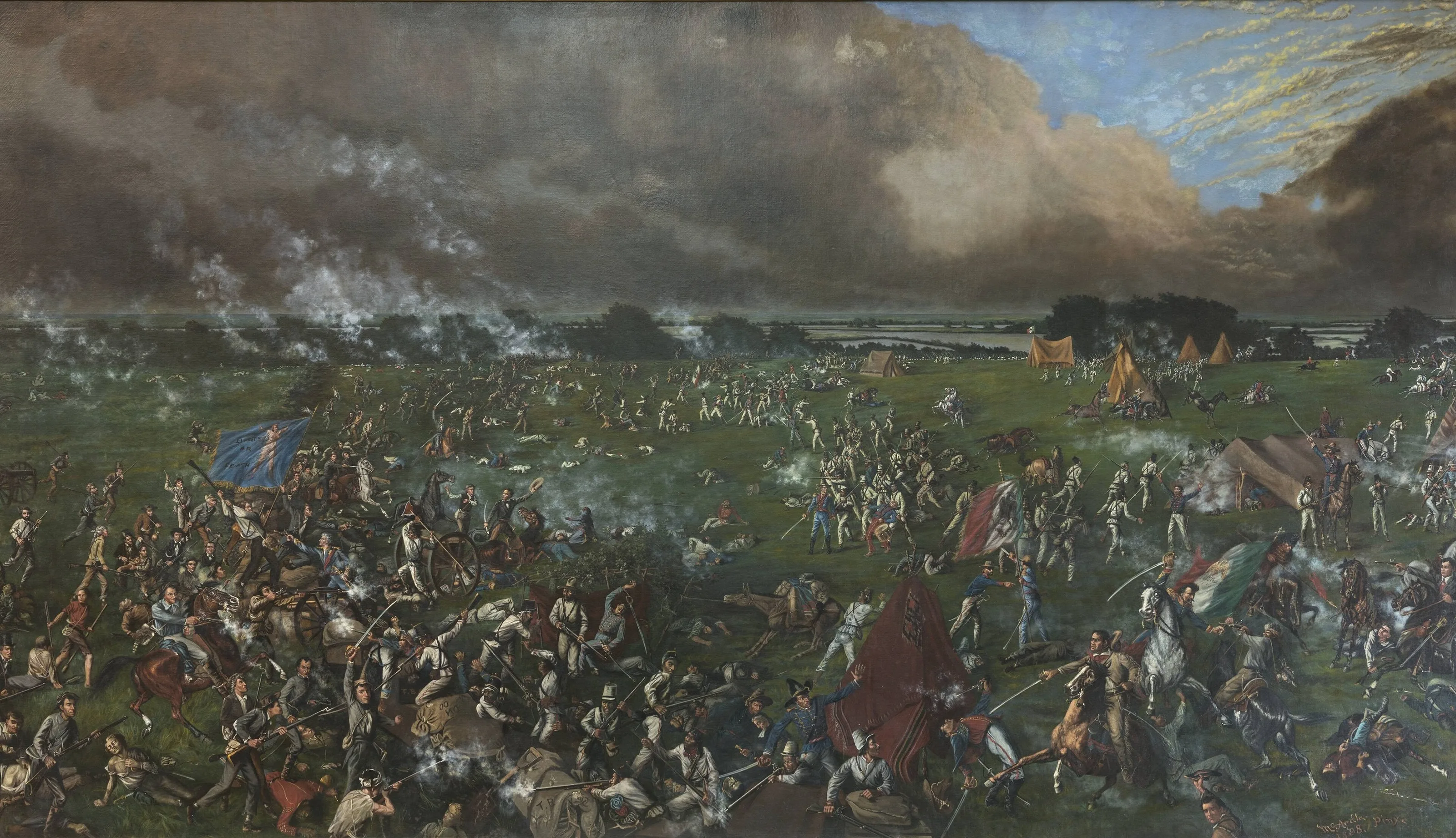 Panoramic oil painting of the Battle of San Jacinto, with Texian soldiers and horsemen charging into the Mexican lines under a smoky sky.