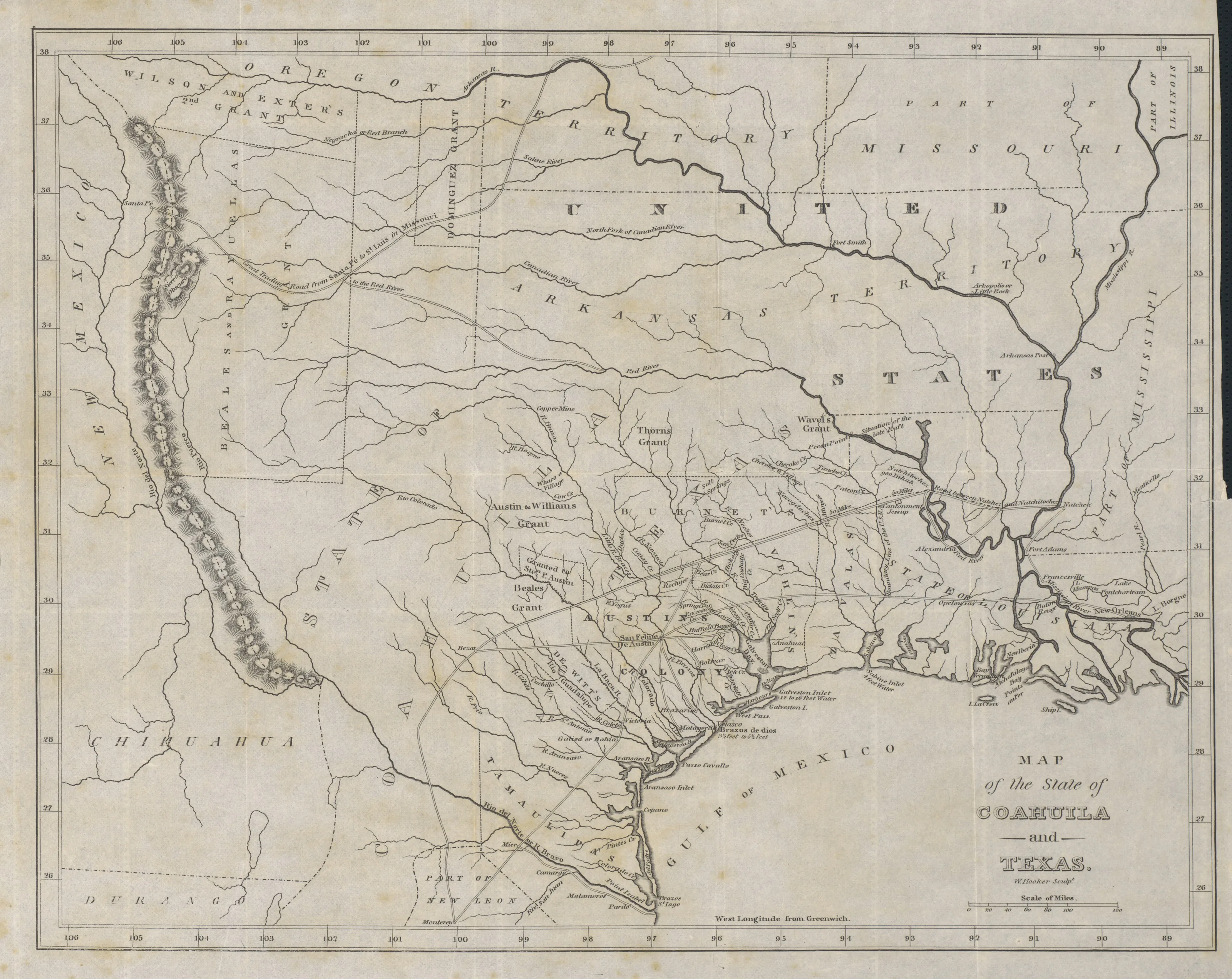 Engraved map of the Mexican state of Coahuila and Texas showing rivers, settlements, and the Gulf of Mexico coastline, with a title at lower right.
