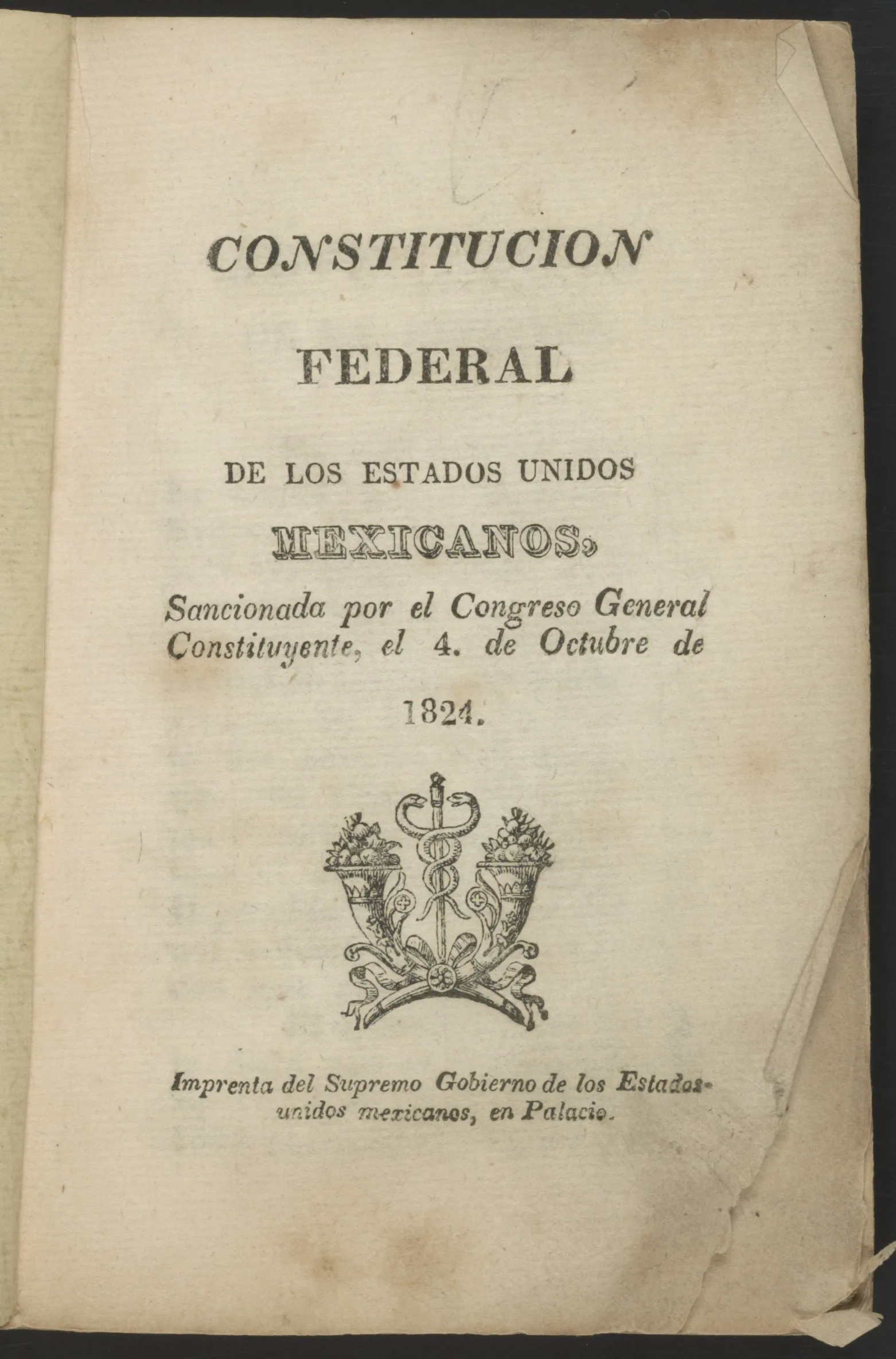 Printed title page of the 1824 Federal Constitution of the United Mexican States with a small engraved emblem above the printer's line.