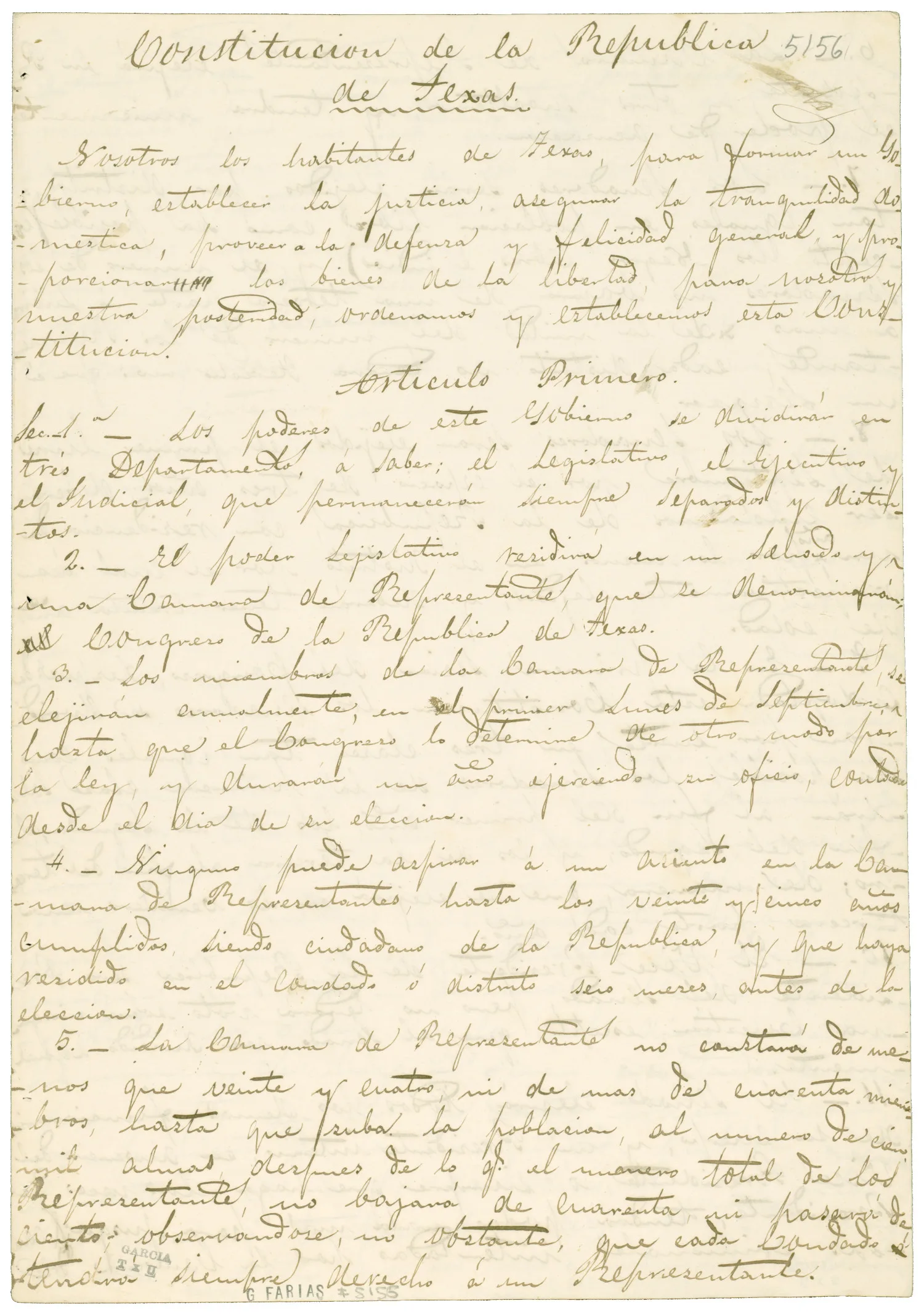 First page of a handwritten Spanish-language copy of the 1836 Constitution of the Republic of Texas, headed 'Constitucion de la Republica de Tejas' and 'Articulo Primero.'