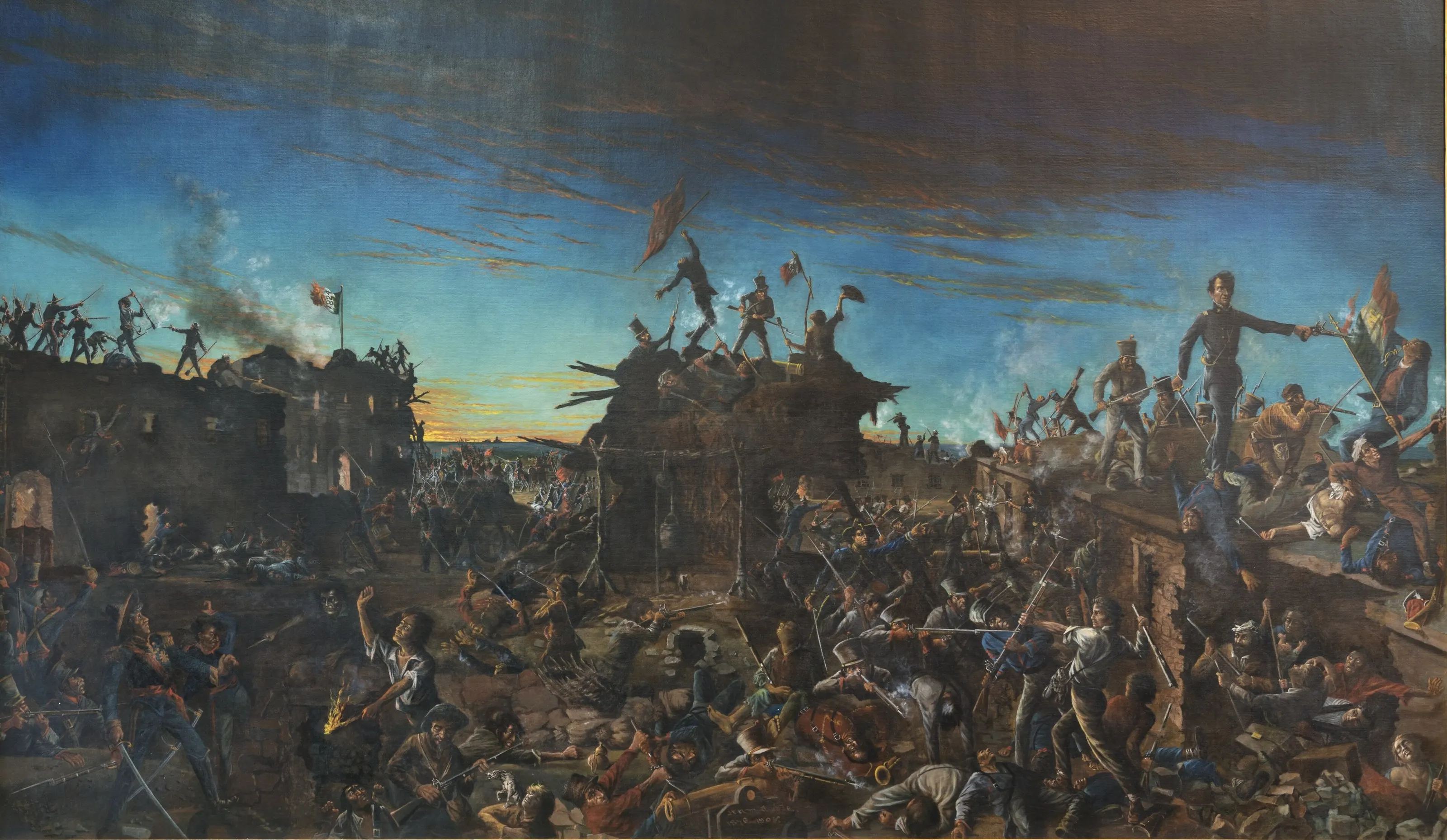 Wide oil painting of the final assault on the Alamo at dawn, with defenders fighting on the walls against attacking Mexican soldiers under a dark sky.
