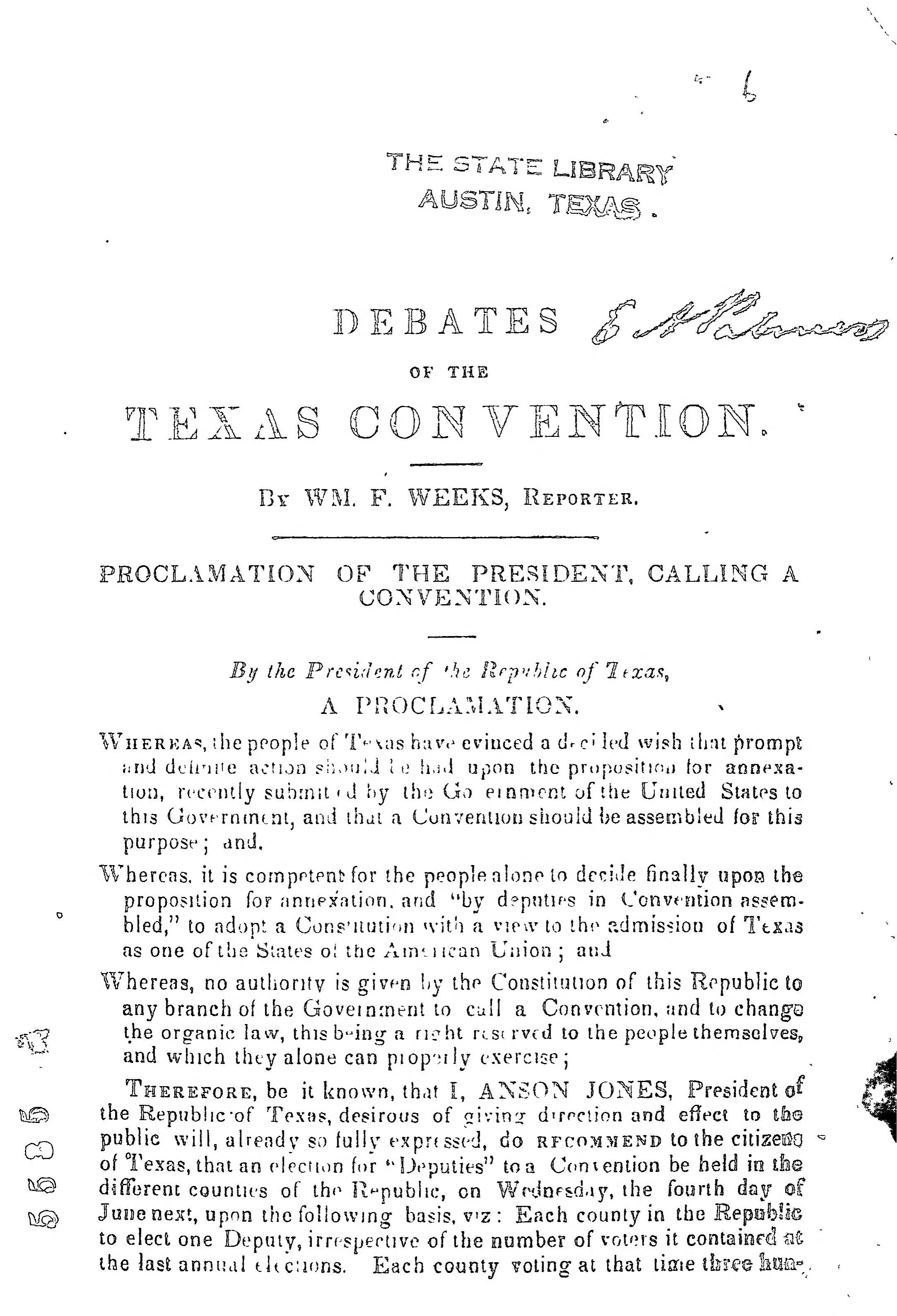 Black-and-white microfilm scan of a printed page headed 'Debates of the Texas Convention,' followed by President Anson Jones's proclamation calling the convention.