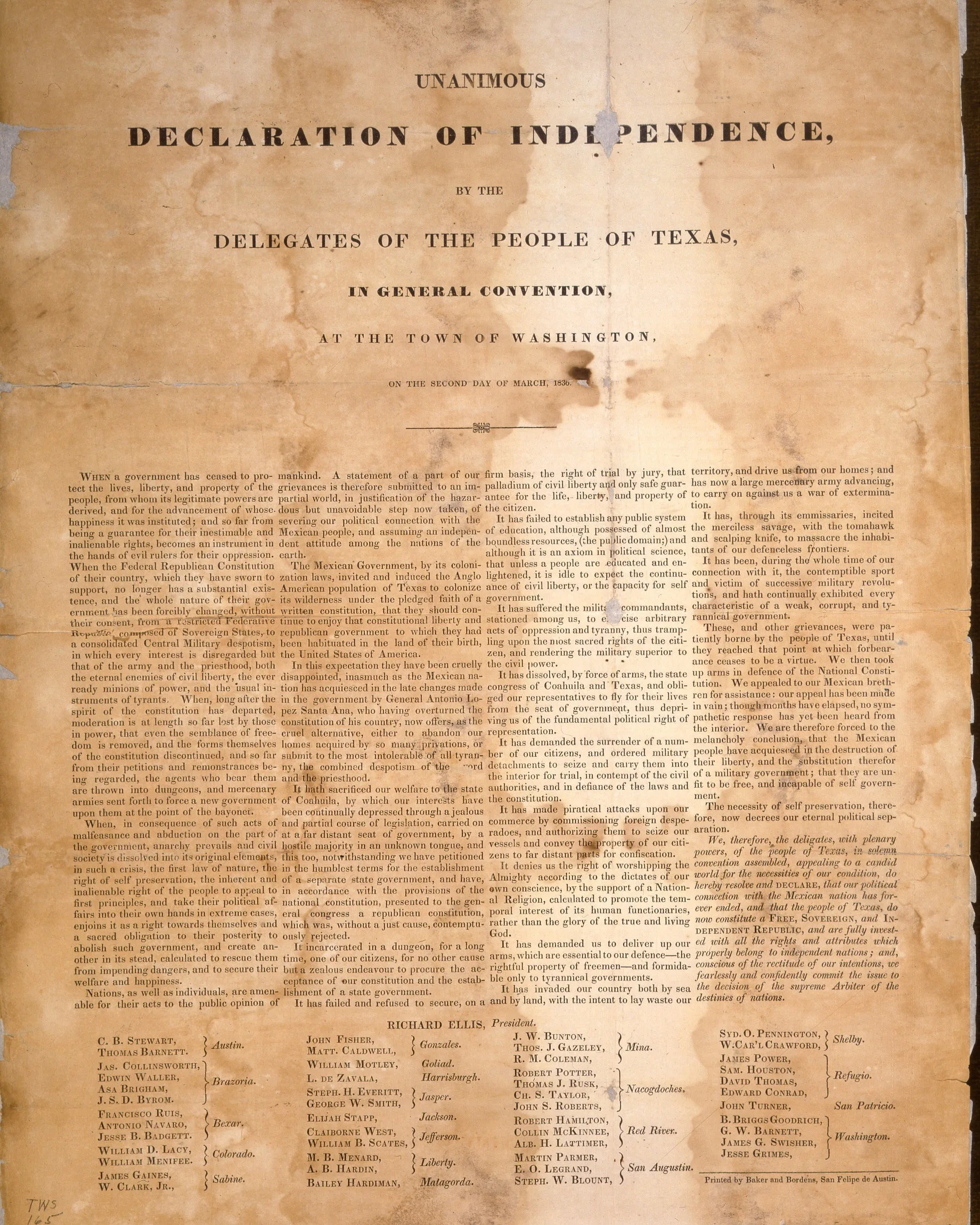 Printed broadside of the Texas Declaration of Independence with a bold headline, columns of text, and the delegates' names listed at the bottom, on stained paper.