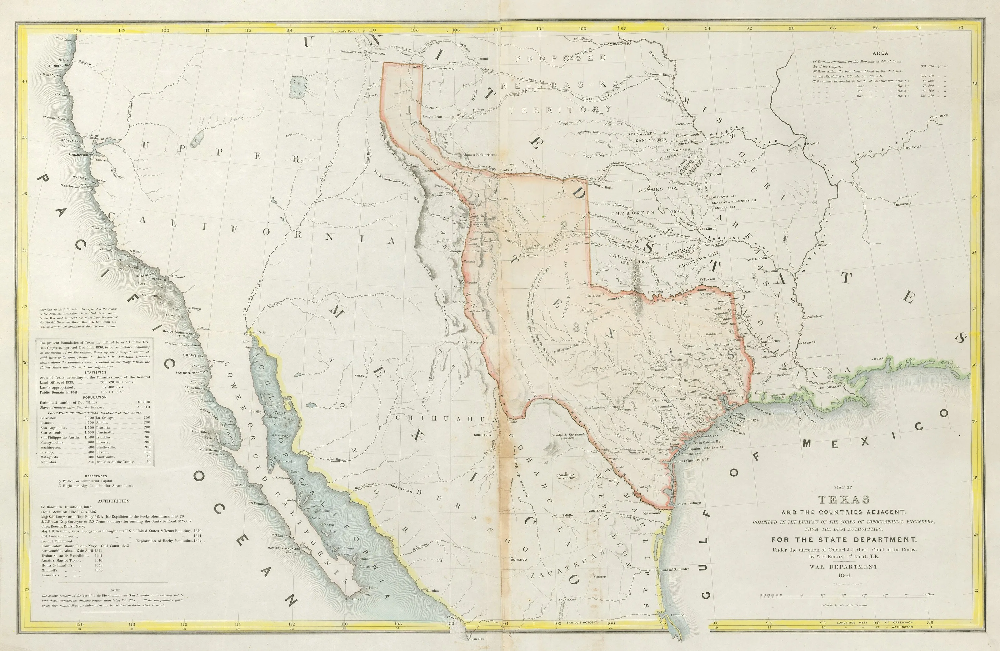 Hand-colored 1844 map of the Republic of Texas and neighboring lands, with the Texas boundary outlined in orange from the Gulf of Mexico to the upper Rio Grande.