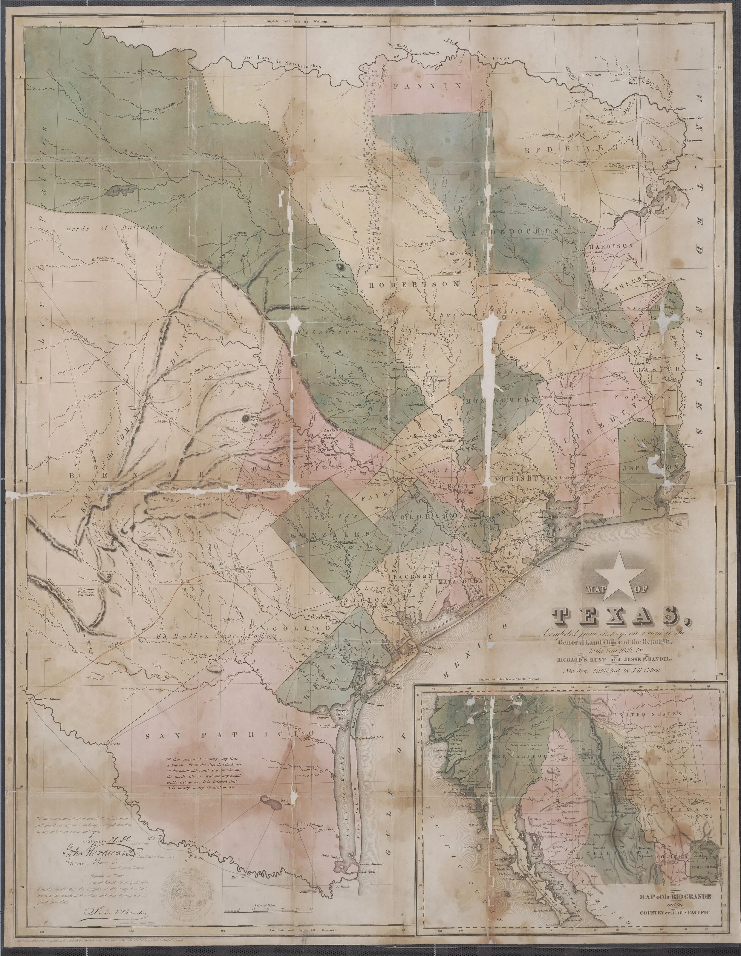 Hand-colored 1839 map of the Republic of Texas showing counties in pastel colors and rivers, with a star above the title and an inset map at lower right.