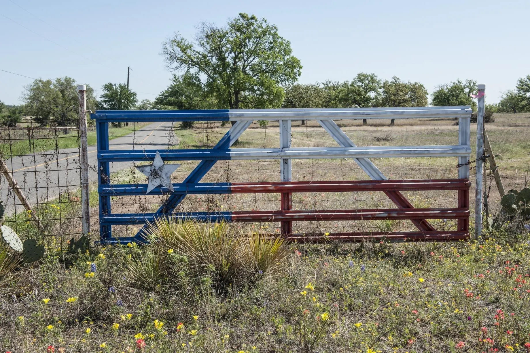 A metal ranch gate painted red, white, and blue as the Lone Star flag, in a field of grass and wildflowers.