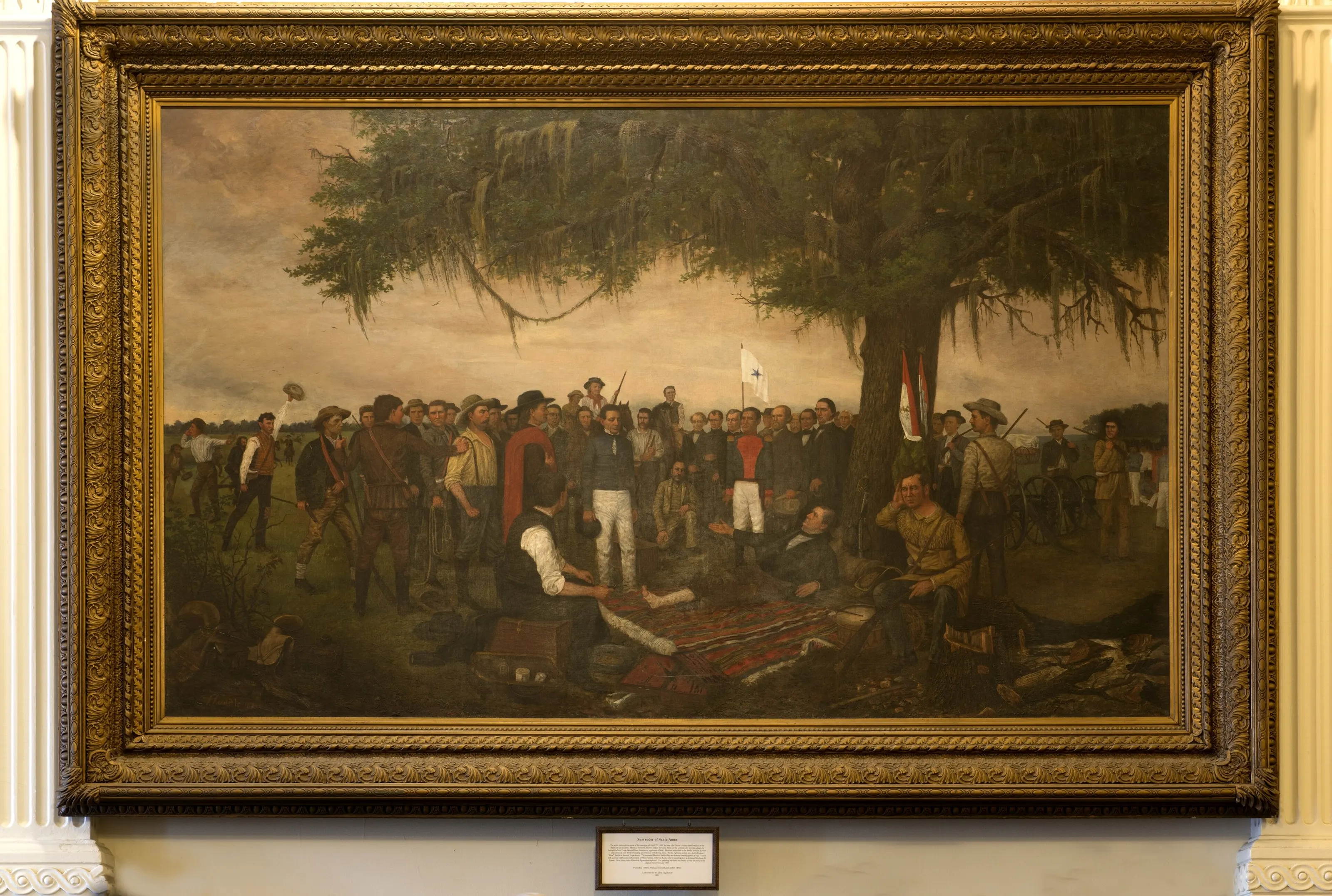 Framed oil painting of the wounded Sam Houston lying under an oak tree as the captured Santa Anna is brought before him, surrounded by Texian soldiers.