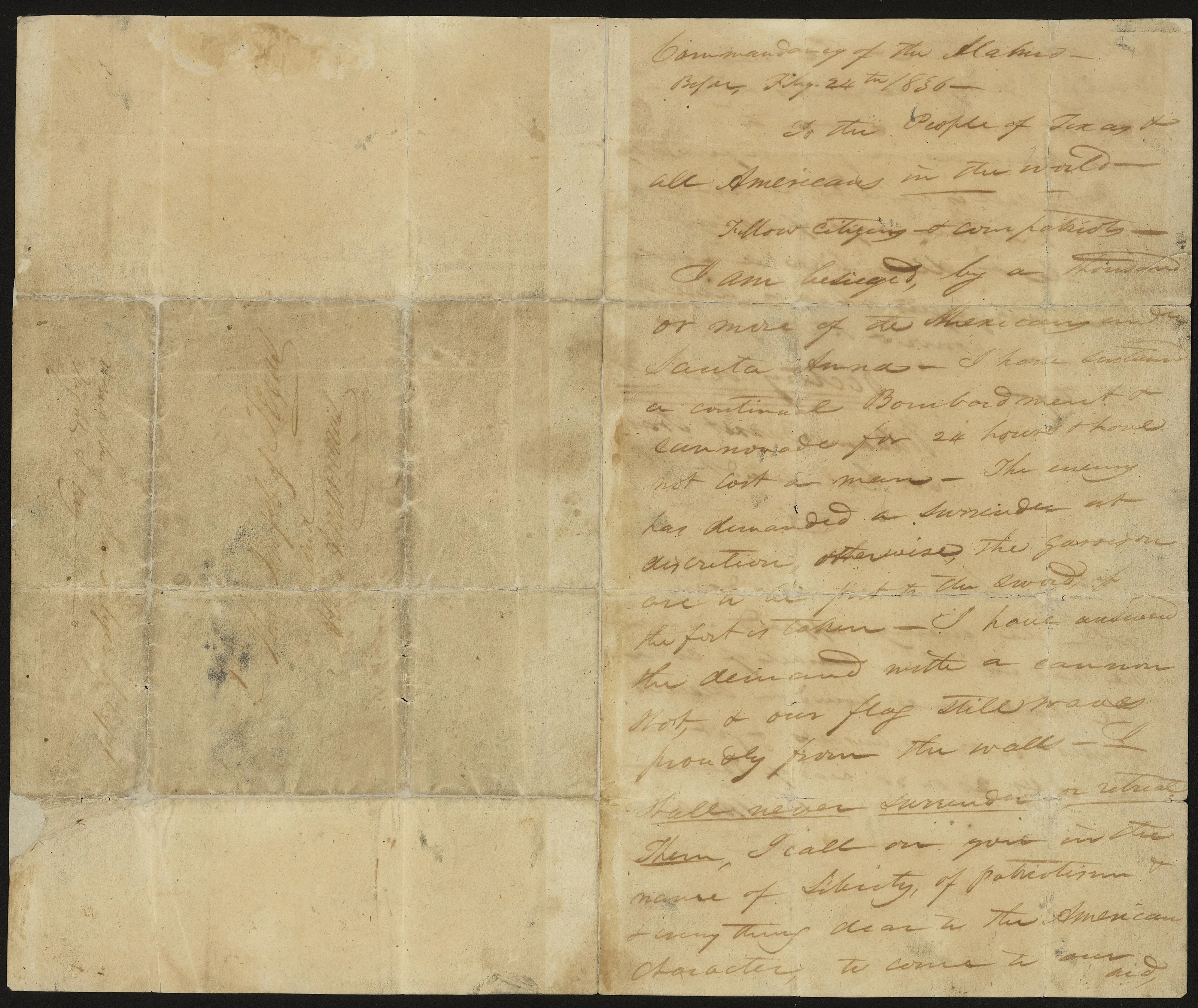 An unfolded, creased manuscript sheet with Travis's handwritten letter from the Alamo in brown ink, its fold lines dividing the paper into panels.