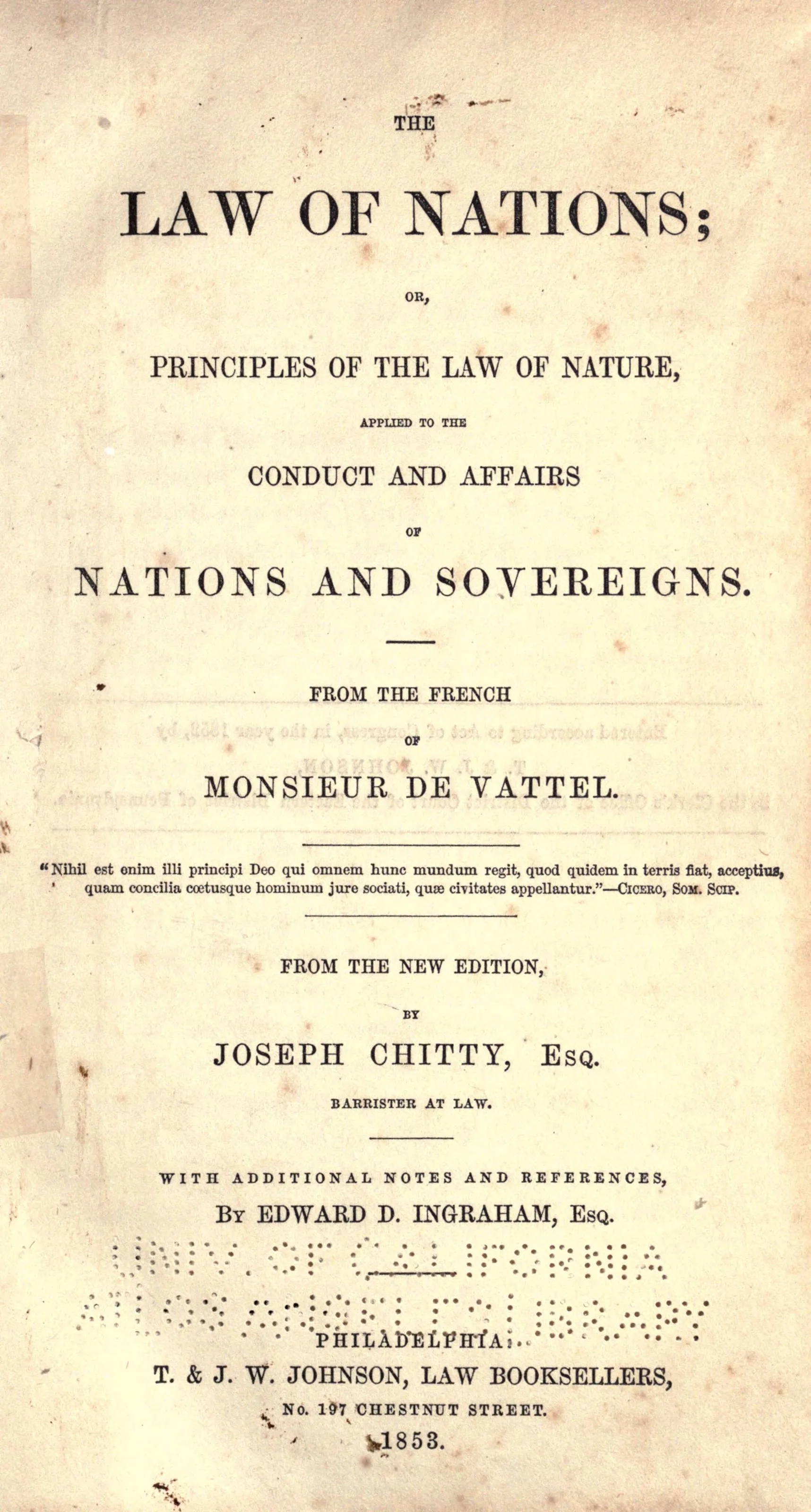 Printed title page of Vattel's 'The Law of Nations,' from the French, edited by Joseph Chitty, published in Philadelphia, with a faint library stamp.